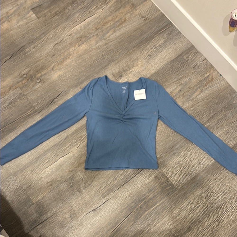 American Eagle Outfitters Fitted Blue Long Sleeve Blouse